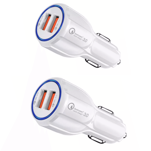 Two-pack Fuchsia Electra USB 2-port fast car charger adapters for mobile and laptop devices, shown in a close-up image.