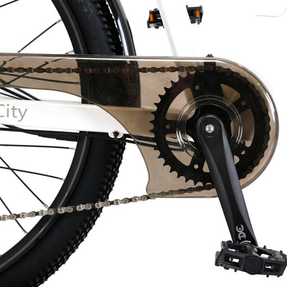 Puce Hades CYSUM X-City women’s 26-inch aluminum e-bike with 250W motor and 10Ah battery, suitable for urban biking.