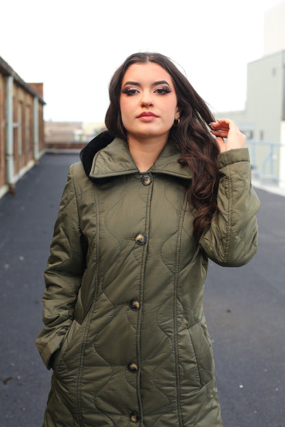 Rose Eleusis quilted single-breasted longline hooded coat in olive green, stylish jacket with a padded, insulated design.