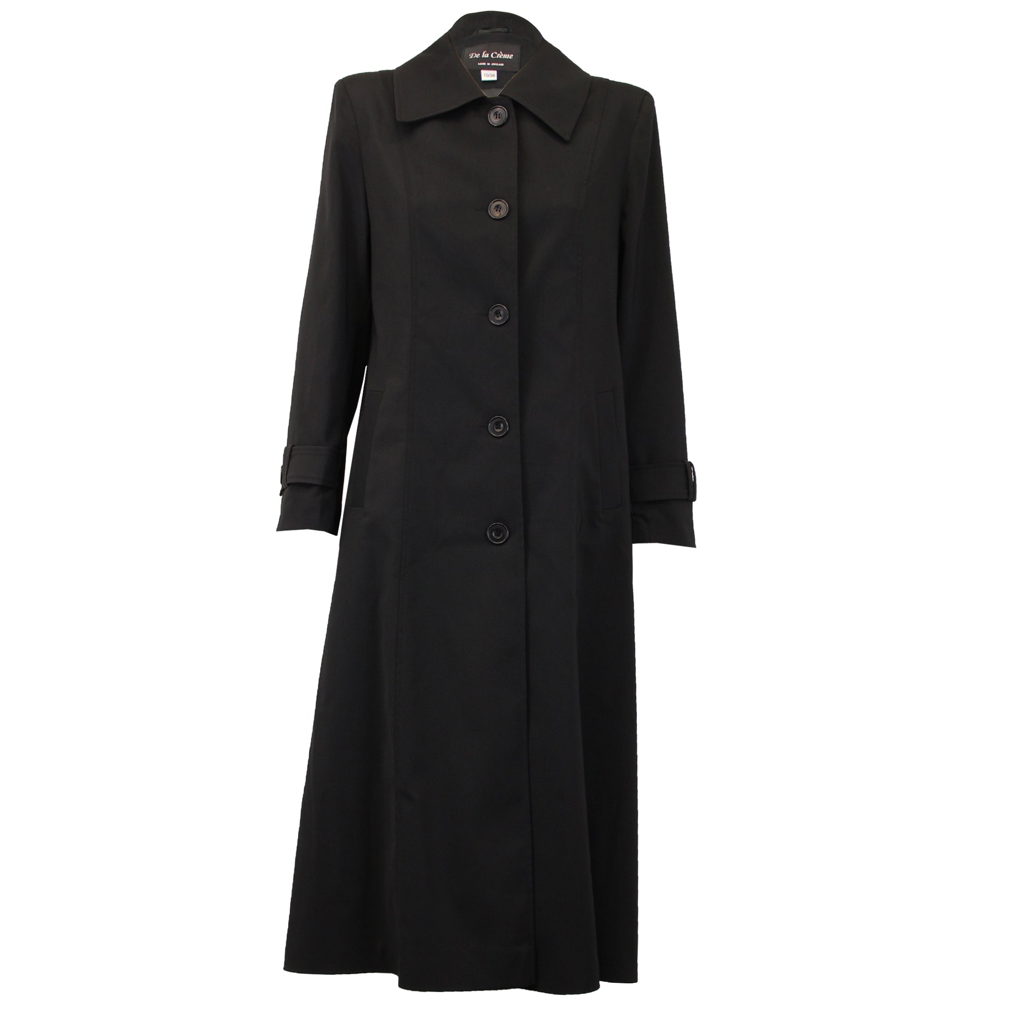 Black Rose Eleusis longline mac coat for spring and summer, stylish jacket with a sleek, flowing design.