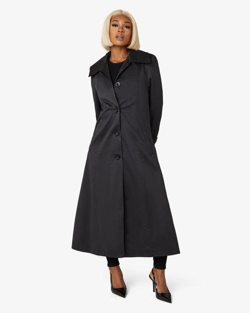 Black Rose Eleusis Spring/Summer longline mac coat with a sleek design, perfect for transitional weather.