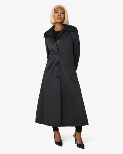 Black Rose Eleusis Spring/Summer longline mac coat with a sleek design, perfect for transitional weather.
