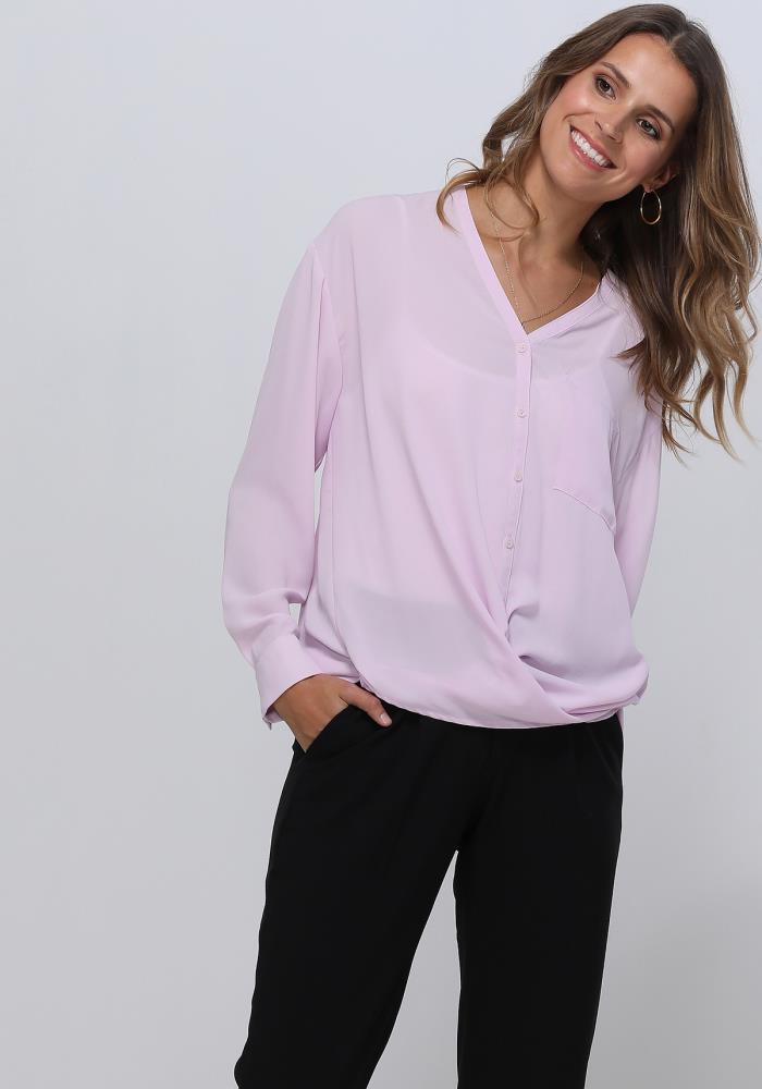Lemon Hera V-neck wrap hem blouse in soft fabric, featuring a stylish V-neck and elegant wrap detail, perfect for casual or office wear.