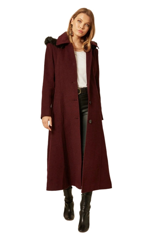 Wool feel faux fur trim hooded long coat by Rose Eleusis in wine color, stylish jackets and coats for cold weather.