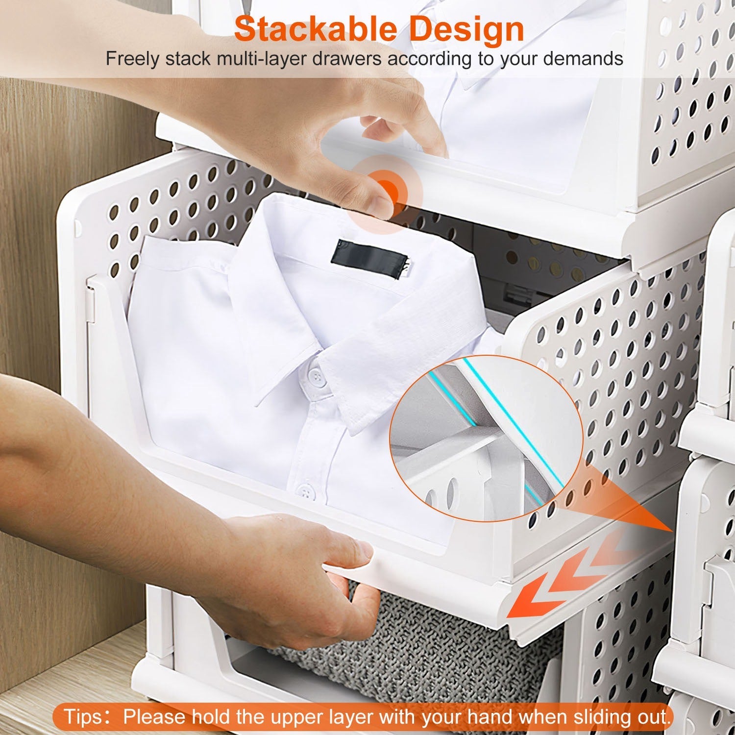 Four stackable Pear Daisy plastic storage boxes with slide rails, ideal for organizing living room or home essentials.
