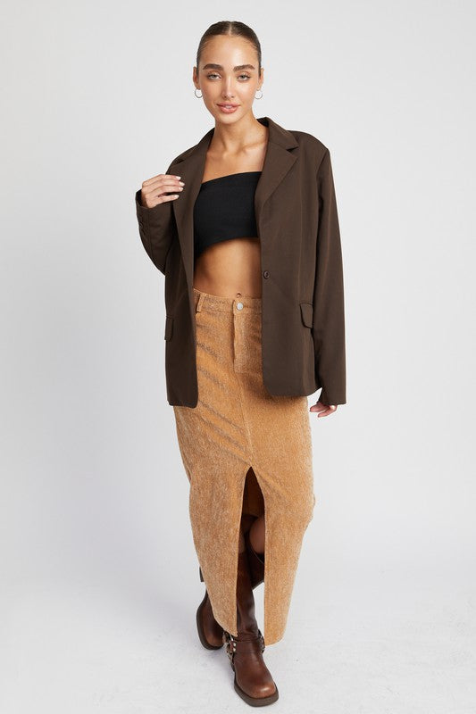 Beige corduroy mid skirt with front slit, women&
