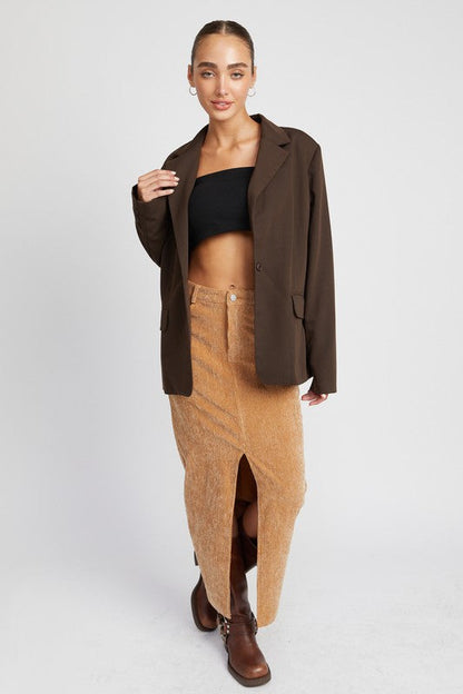 Beige corduroy mid skirt with front slit, women&