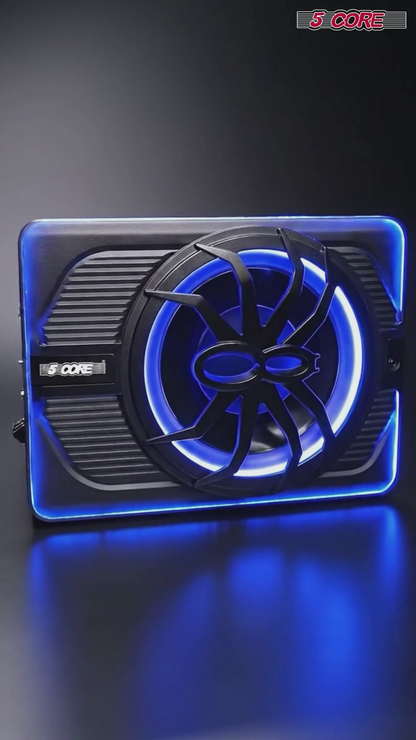 Start2Finish 5Core 10-inch Slim Under Seat Car Audio Subwoofer with built-in amplifier, LED light, 800W power, and sleek design.