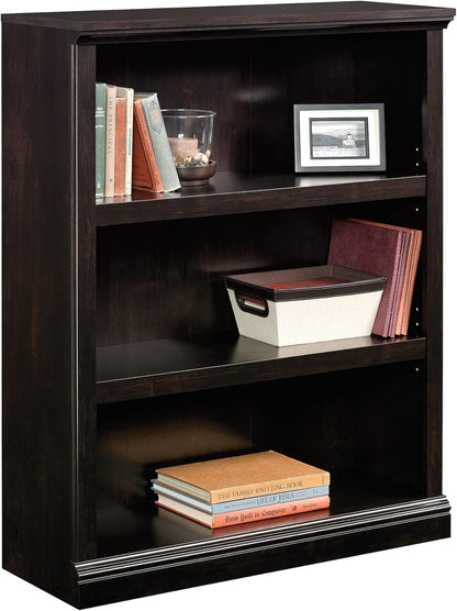 Three-tier wooden book shelf by Peach Maple with adjustable black wooden shelves for versatile storage and display.