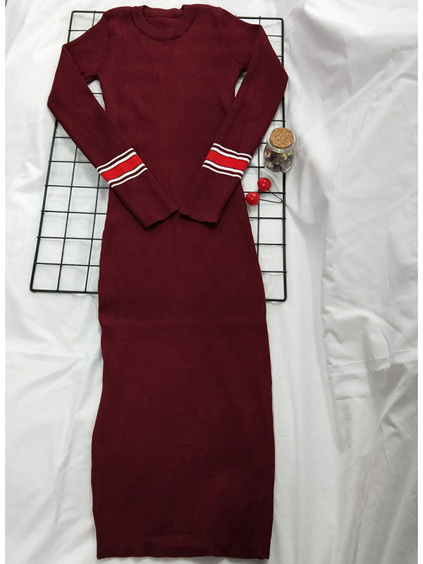 Women’s elegant long sleeve bodycon midi dress by White Amphitryon, slim fit, mid-calf length, knit fabric in a stylish design.