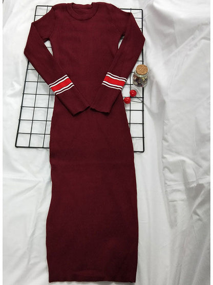 Women’s elegant long sleeve bodycon midi dress by White Amphitryon, slim fit, mid-calf length, knit fabric in a stylish design.