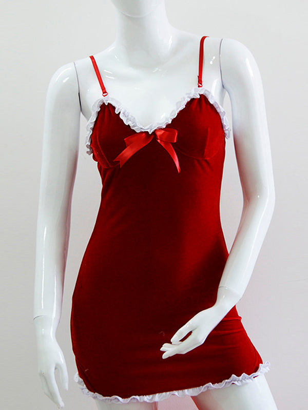 Red velvet Christmas lingerie dress with lace trim, sexy Santa nightwear for women by White Amphitryon.