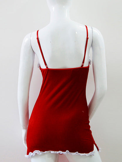 Red velvet Christmas lingerie dress with lace trim, sexy Santa nightwear for women by White Amphitryon.