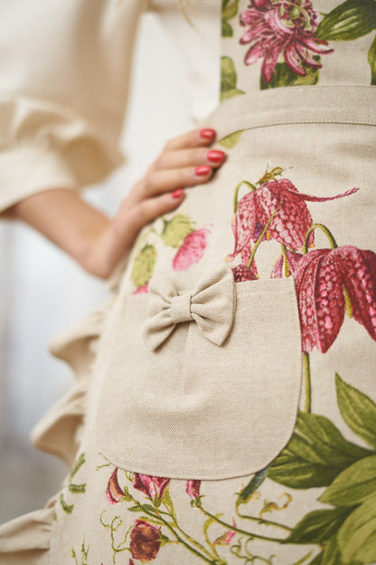 Ladies printed poly-cotton half apron with floral hortensia design, perfect for home decor by Rose Trillium.