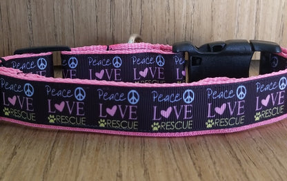 Green Thalassa large pink collar featuring Peace, Love, and Rescue design for pets, made of durable material.