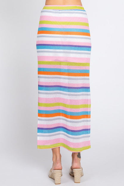 Multi-color striped maxi skirt by Jade Icarus, showcasing flowing fabric with vibrant horizontal stripe patterns.