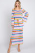 Multi-color striped maxi skirt by Jade Icarus, featuring vibrant horizontal stripes and flowing fabric in the image.