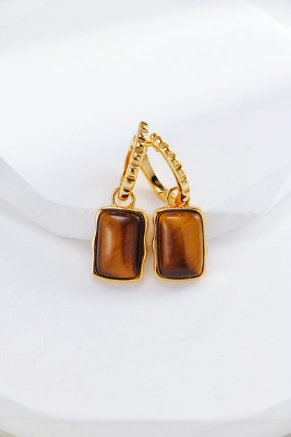 Rectangle-shaped tiger eye long earrings from Amethyst Arachne featuring polished stone and elegant dangle design.