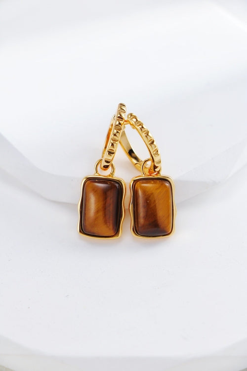 Rectangle shape tiger eye long earrings from Amethyst Arachne featuring polished stone and elegant jewelry design.