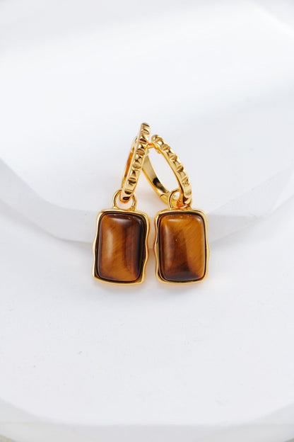 Rectangle shape tiger eye long earrings from Amethyst Arachne featuring polished stone and elegant jewelry design.