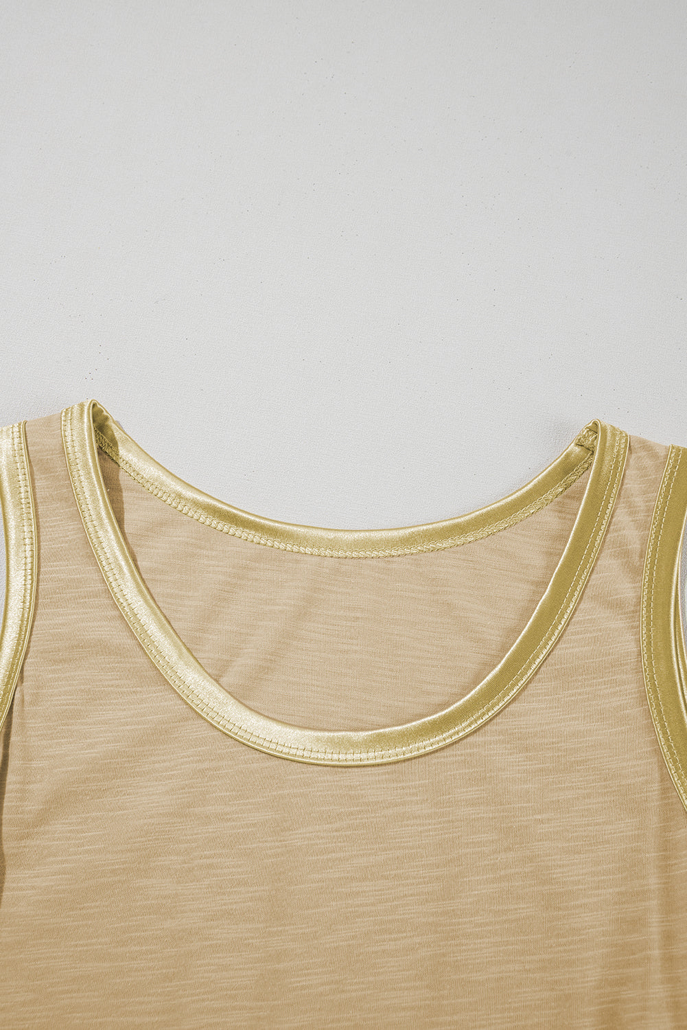 Metallic contrast trim scoop neck tank top for women by Byzantium Bay, featuring stylish design and comfortable fit.