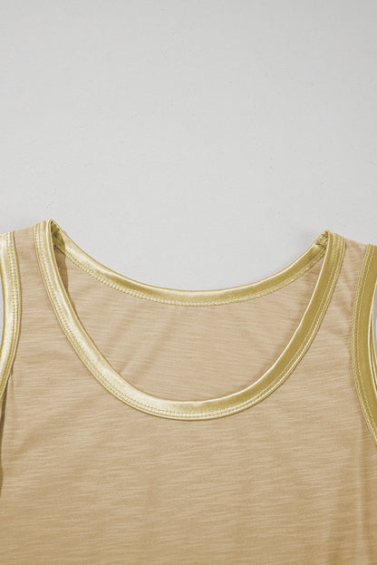 Metallic contrast trim scoop neck tank top for women by Byzantium Bay, featuring stylish design and comfortable fit.