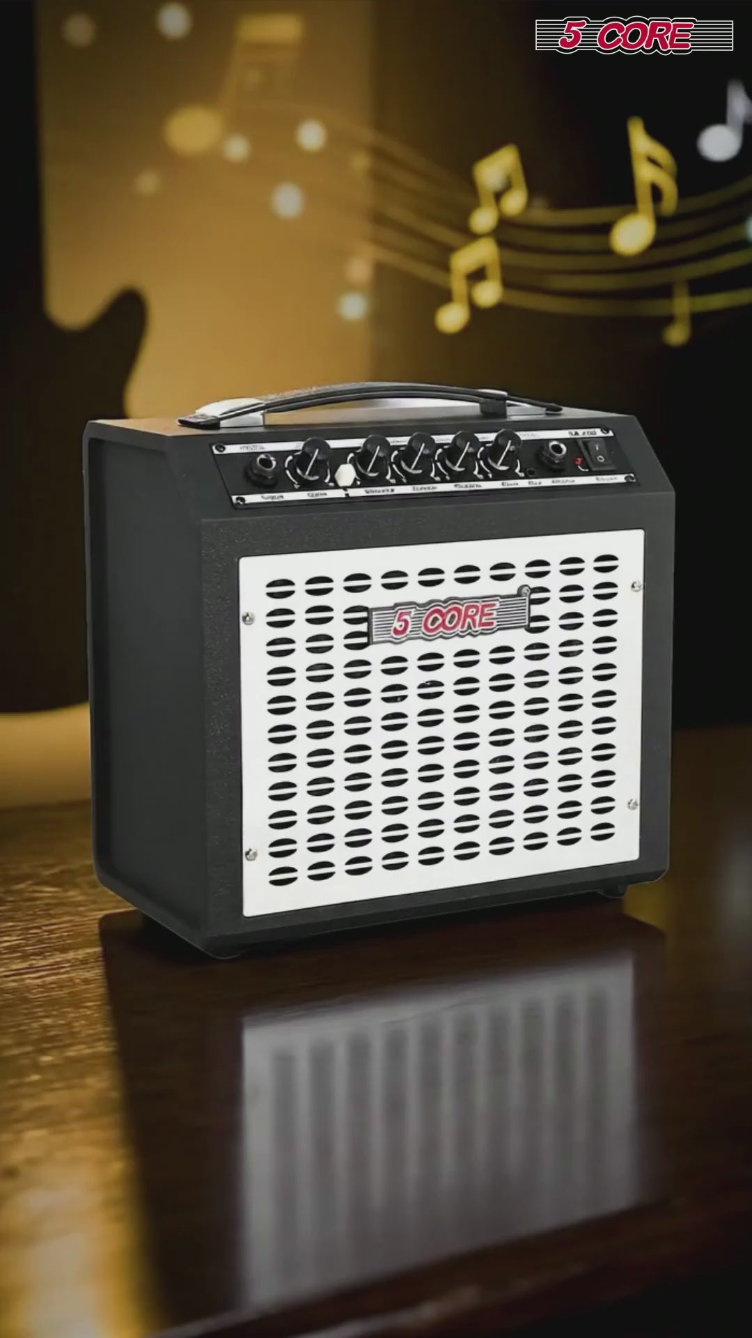 Start2Finish 20W portable electric guitar amplifier with built-in 6.5-inch speaker, auxiliary input, and headphone jack for musical instruments.