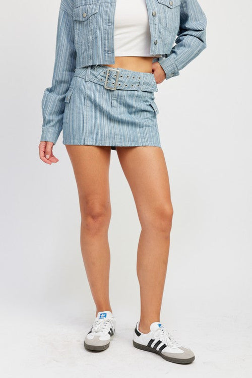 Jade Icarus belted mini denim skirt with front pockets and a stylish belt, displayed on a plain background.