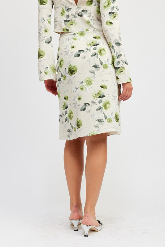 Automotive-themed floral midi skirt with front drawstring by Jade Icarus, featuring vibrant floral patterns and casual style.