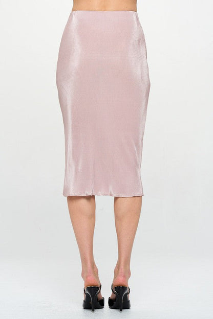 Automotive-style jade Icarus solid plisse midi skirt with slit, made in the USA, featuring a flowing pleated design.