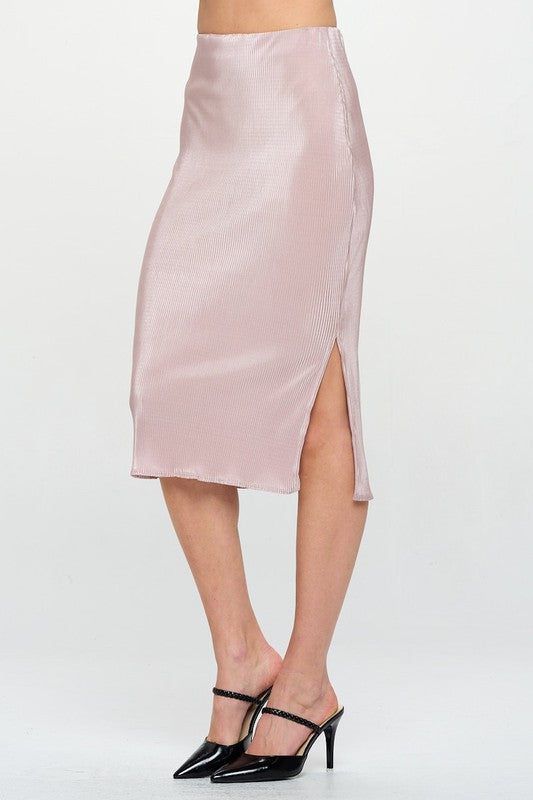 Made in USA Jade Icarus solid plisse midi skirt with slit, featuring a flowing fabric and stylish design.