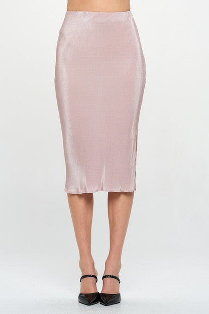 Jade Icarus made in USA solid plisse midi skirt with side slit, showcasing lightweight fabric and elegant design.