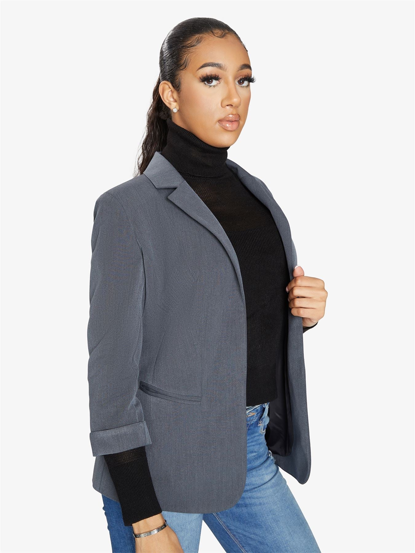 Rose Eleusis edge-to-edge blazer in navy, tailored jacket with sleek lapels, perfect for stylish formal or casual wear.