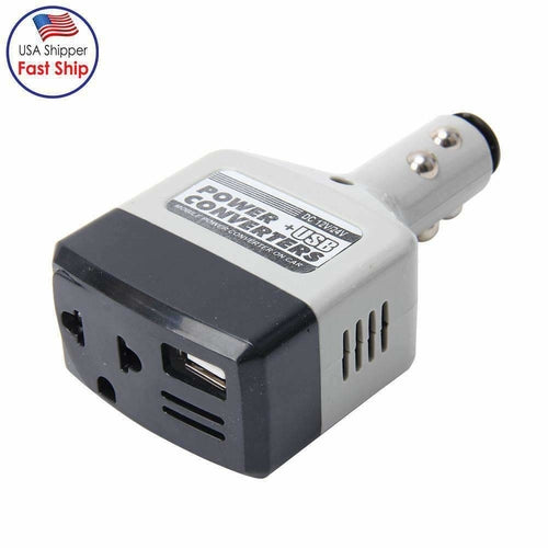 Silver Millie mobile power inverter with USB converter for car, supports DC 12-24V, ideal for charging laptops and devices.