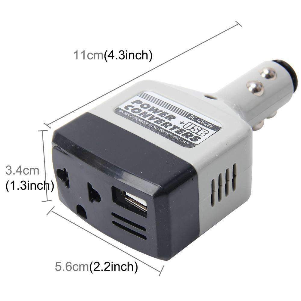 Silver Millie mobile power inverter with USB converter for car, 12-24V DC, ideal for charging mobile devices and laptops.