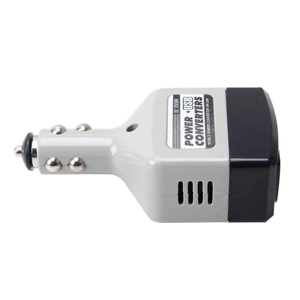 Silver Millie mobile power inverter for cars, with USB and DC 12-24V ports, for charging mobile devices and laptops.