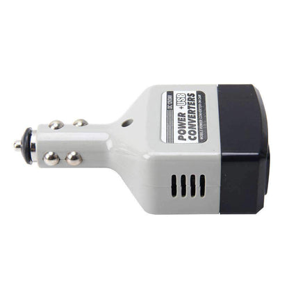 Silver Millie mobile power inverter for cars, with USB and DC 12-24V ports, for charging mobile devices and laptops.