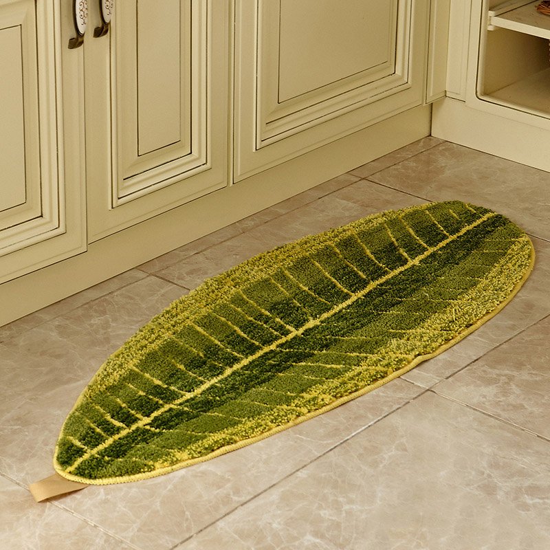 Fuchsia Molly banana leaf carpet for home decor, featuring vibrant green and yellow banana leaf patterns on a textured fabric.
