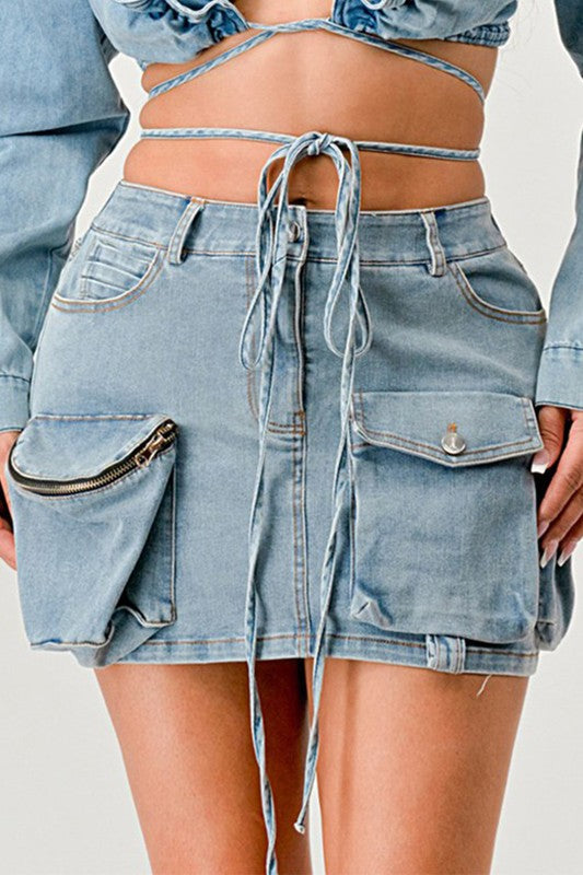 Automotive Jade Icarus Denim Daze Wrap Skirt with stitching details, styled as a trendy denim wrap skirt.