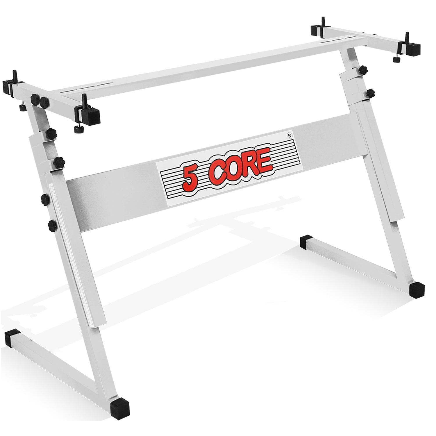 Adjustable Start2Finish 5 Core Z-style keyboard stand with metal frame, foldable design, 330lb capacity, suitable for electric pianos.