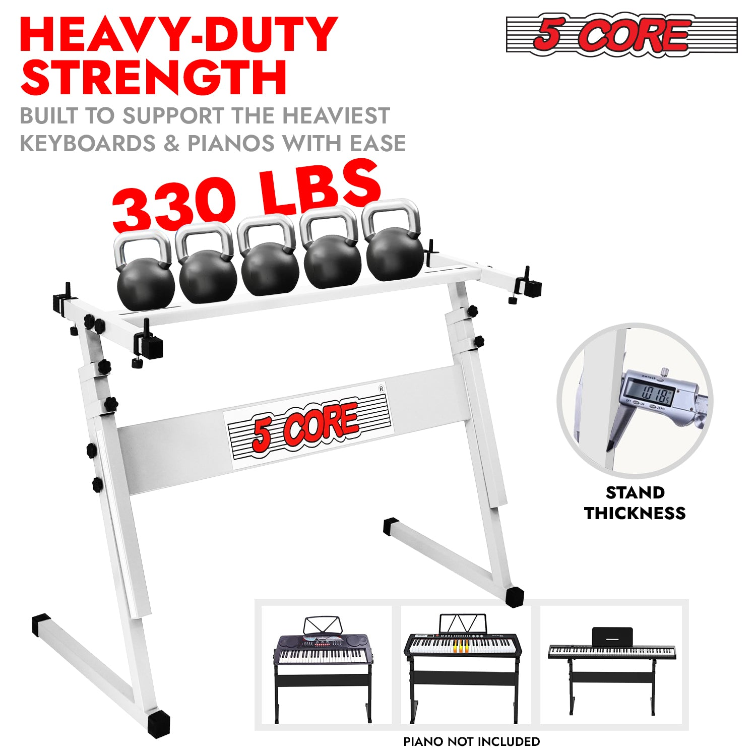 Start2Finish 5-core adjustable Z-style keyboard stand for electric pianos, foldable metal riser with 330lb capacity, height 21-33 inches.