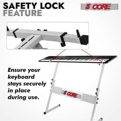 Start2Finish 5 Core Z-style adjustable keyboard stand with foldable metal design, 21-33 inch height, 330 lb capacity for electric pianos.