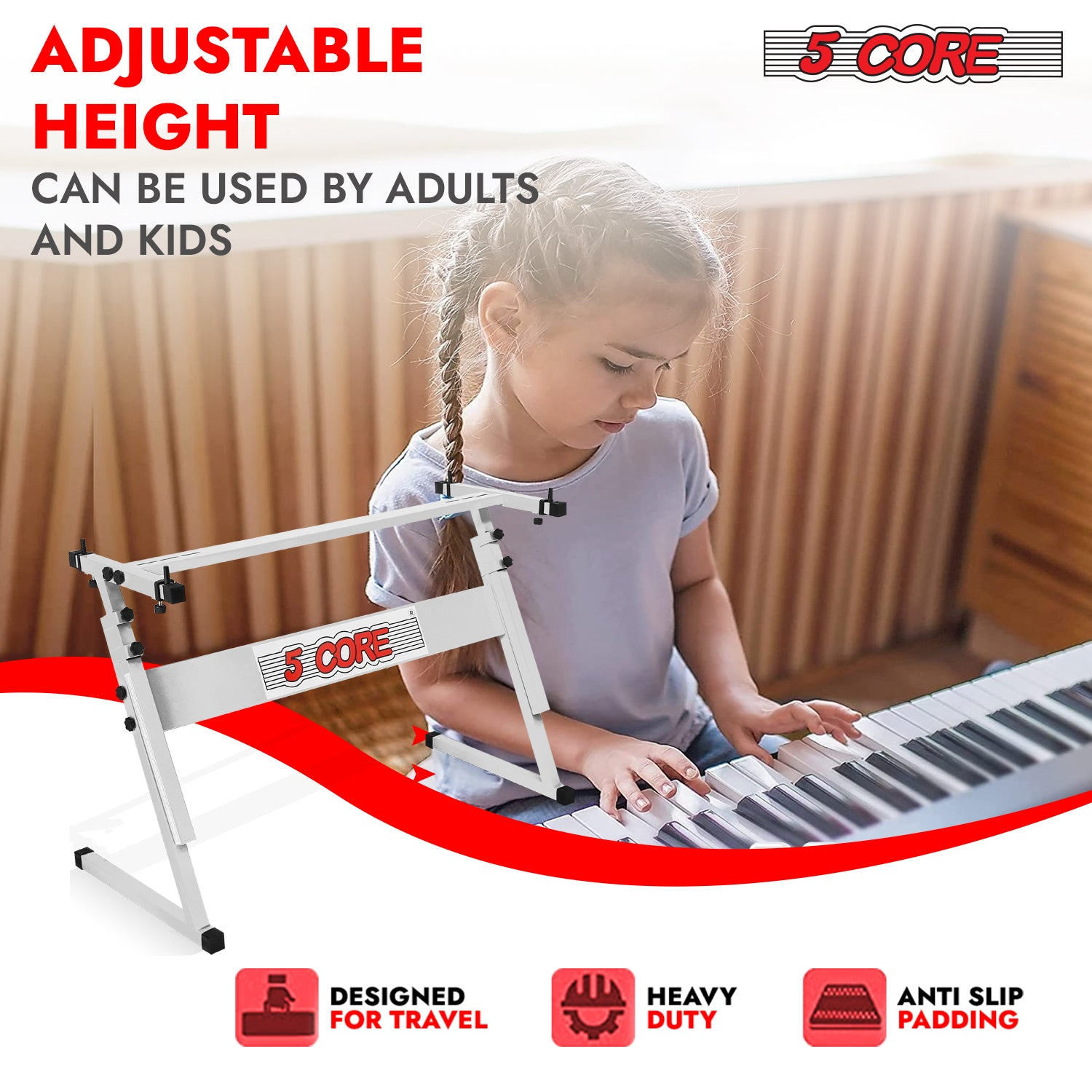 Start2Finish 5 core adjustable keyboard stand with Z style metal design, foldable electric piano riser, 330 lb capacity.