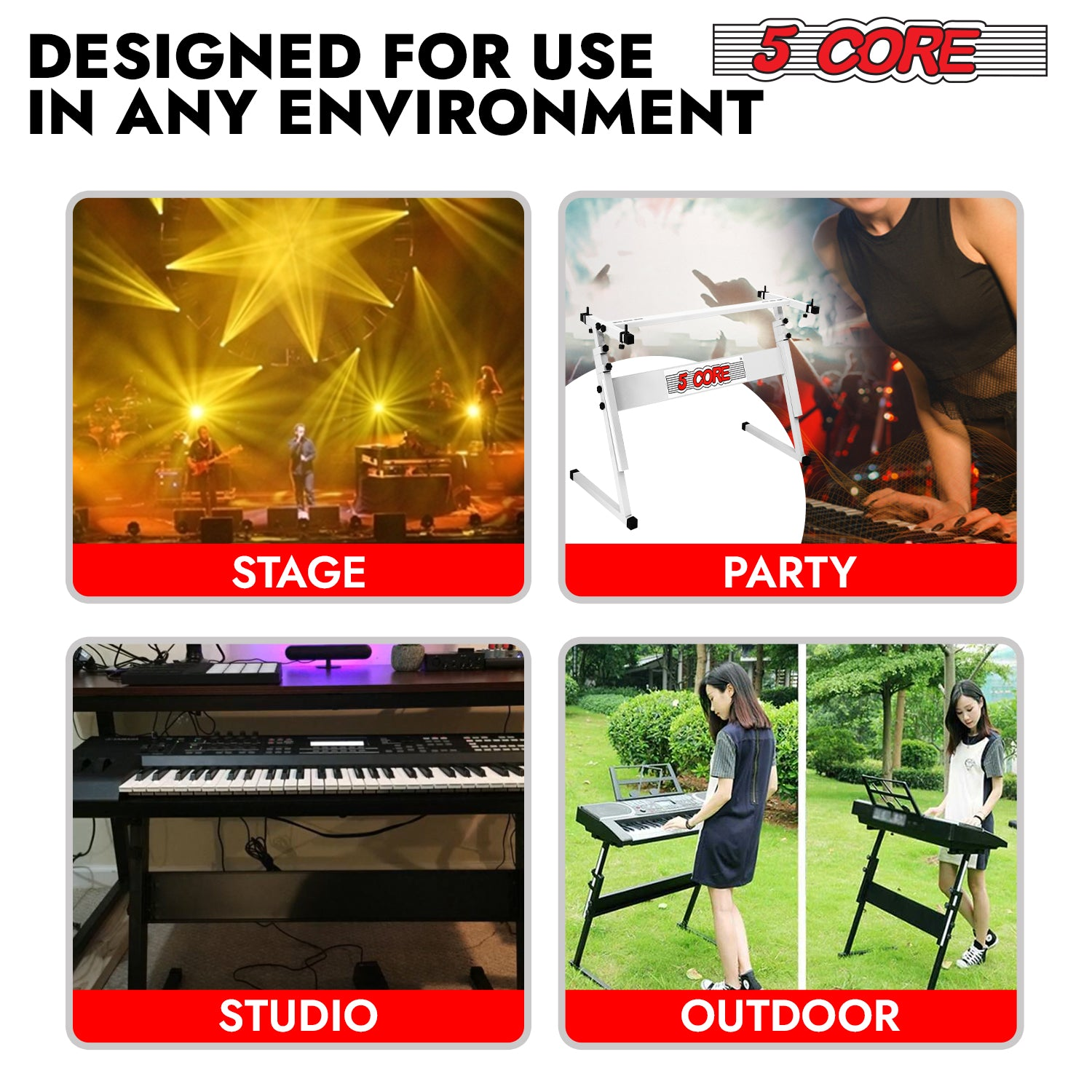 Start2Finish 5 Core adjustable Z-style keyboard stand for electric pianos, foldable metal riser, supports up to 330 lbs.