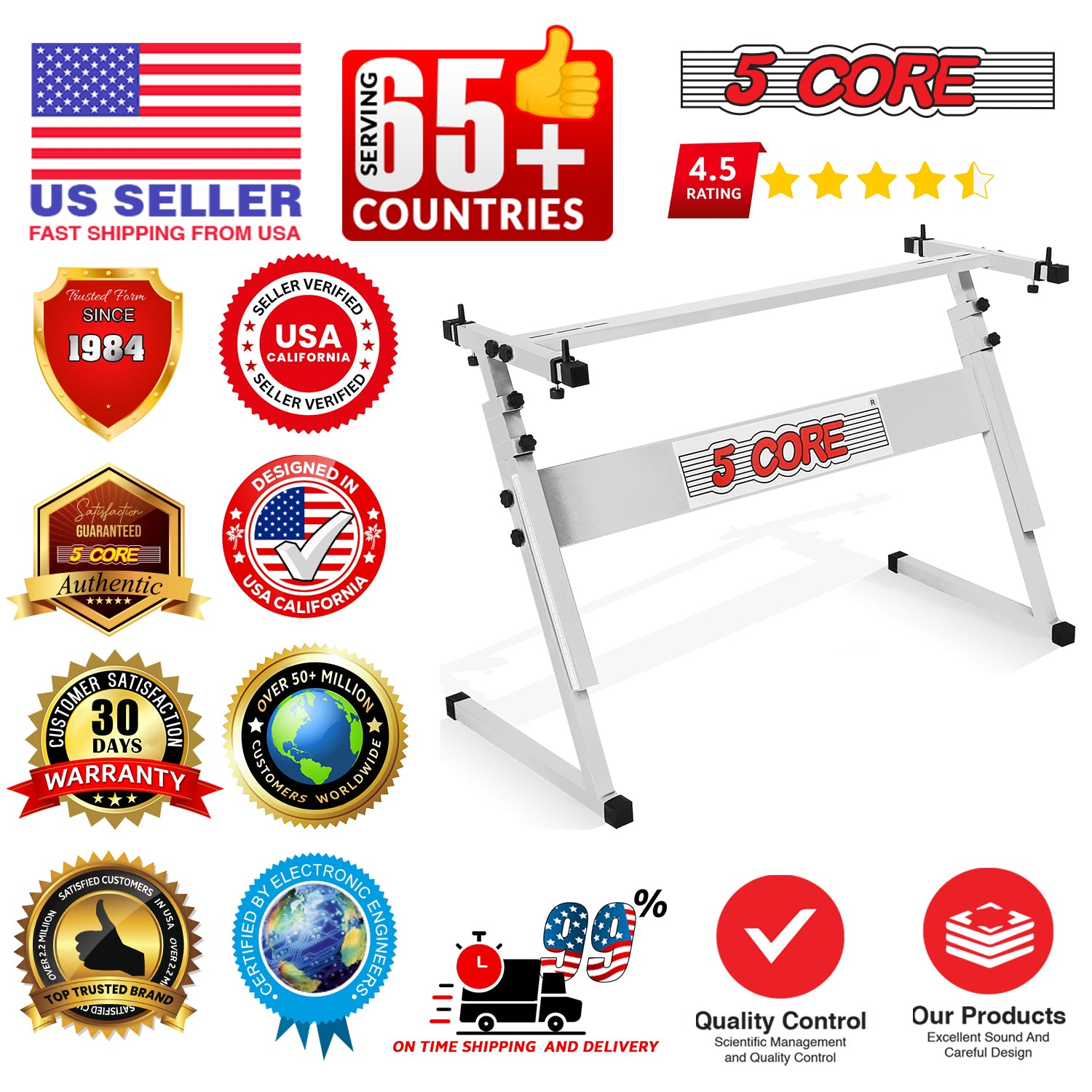 Start2Finish 5-core adjustable Z-style keyboard stand with foldable metal design, 21-33 inch height, supports 330 lbs for electric pianos.