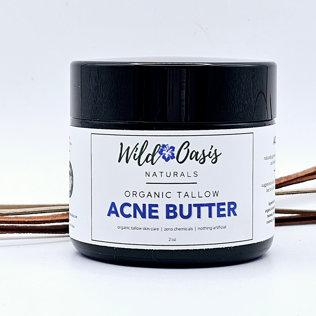 Organic Acne Butter by Start2Finish featuring a jar of tallow-based acne cream with natural ingredients and a clean, minimalist design.