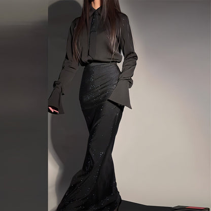 Carmine Juneberry heavy industry hot diamond split wrap hip skirt dress, featuring a stylish design with a fitted waist and layered fabric.