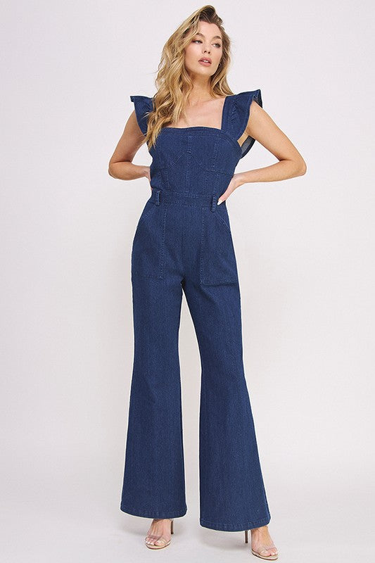 Women’s denim ruffle flare leg jumpsuit by Jade Icarus, featuring ruffled details and wide-leg silhouette, casual and stylish.