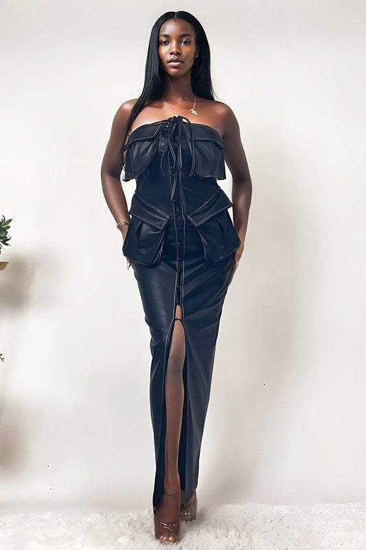 Black leather dress by Jade Icarus featuring button details and a stylish PU leather finish for women&