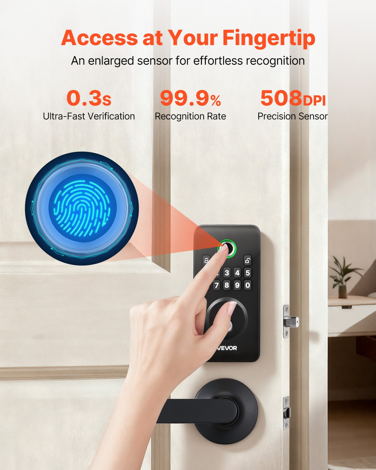 Start2Finish VEVOR fingerprint biometric door lock set with handle, matte black electronic deadbolt, auto locking, and keyless entry.